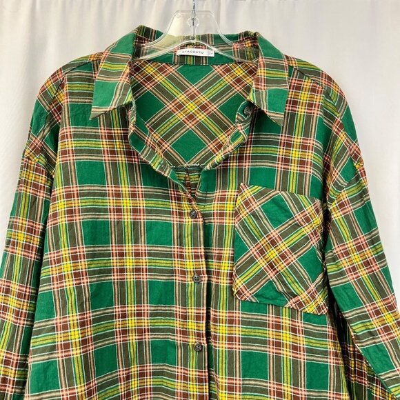 Staccato Tops - Staccato Button Up Collared Women’s Multicolor Plaid Long Sleeved Top Size L